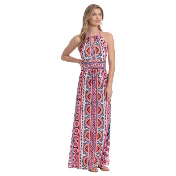 NEW LONDON TIMES morris geometric maxi dress in white/pink - Picture 3 of 3